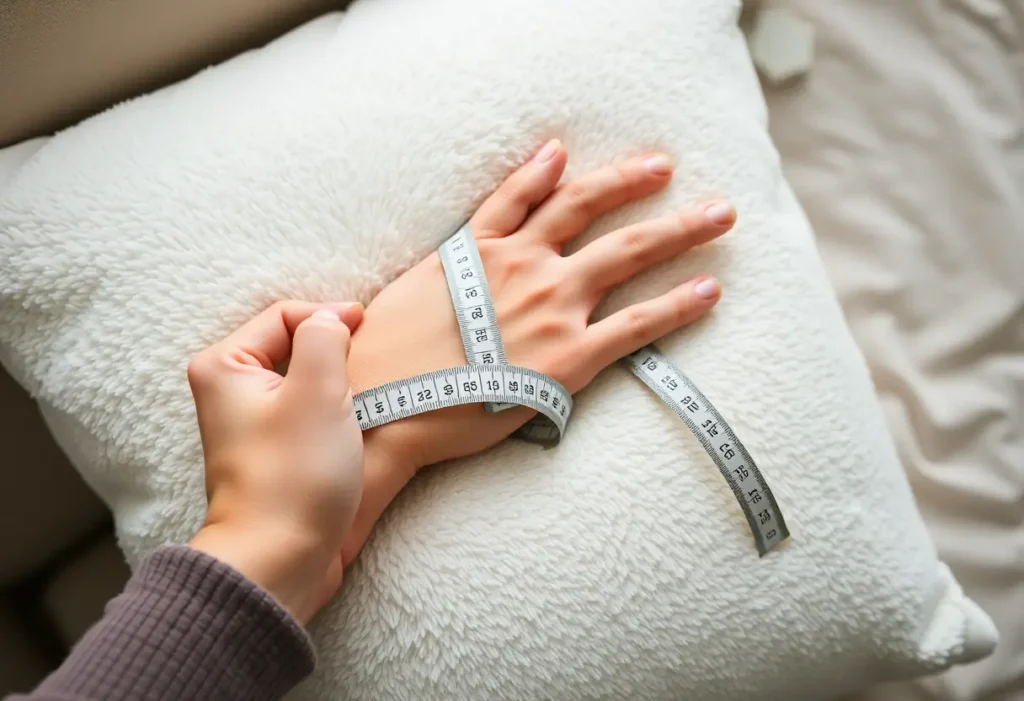 Une main féminine tient un ruban à mesurer doux, entourant un coussin moelleux