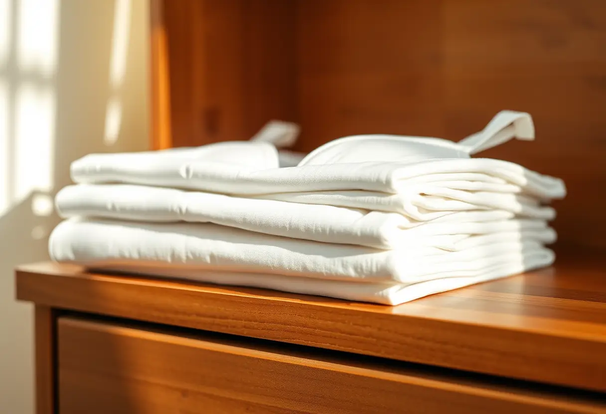 Empilement de soutiens-gorge en coton blanc sur une commode en bois, bien-être féminin