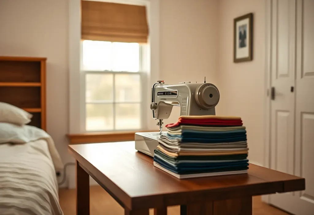 Une machine à coudre dans une chambre, symbole de la fabrication artisanale et de la personnalisation pour un soutien-gorge parfait.