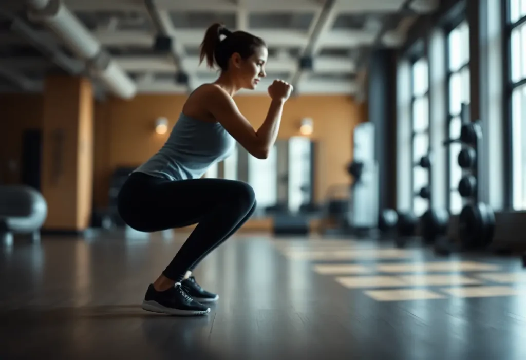 Un silhouette féminine faisant des squats sur un plancher de gymnase flou, mettant l'accent sur le mouvement et le confort