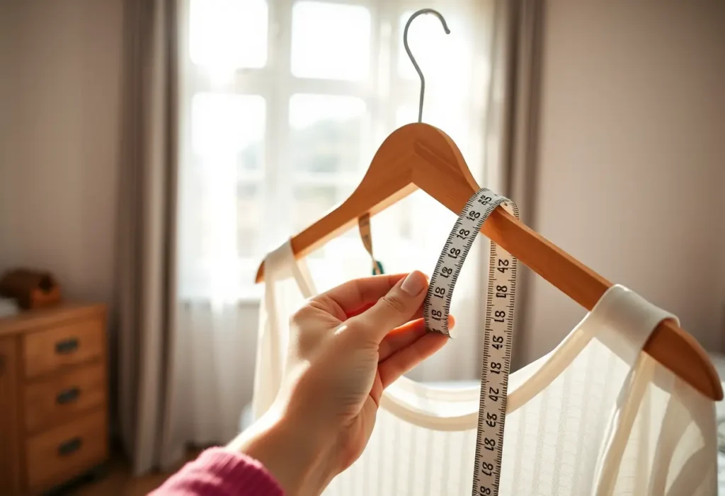 Main de femme tenant un mètre ruban autour d'un cintreuse en bois dans une chambre baignée de lumière naturelle