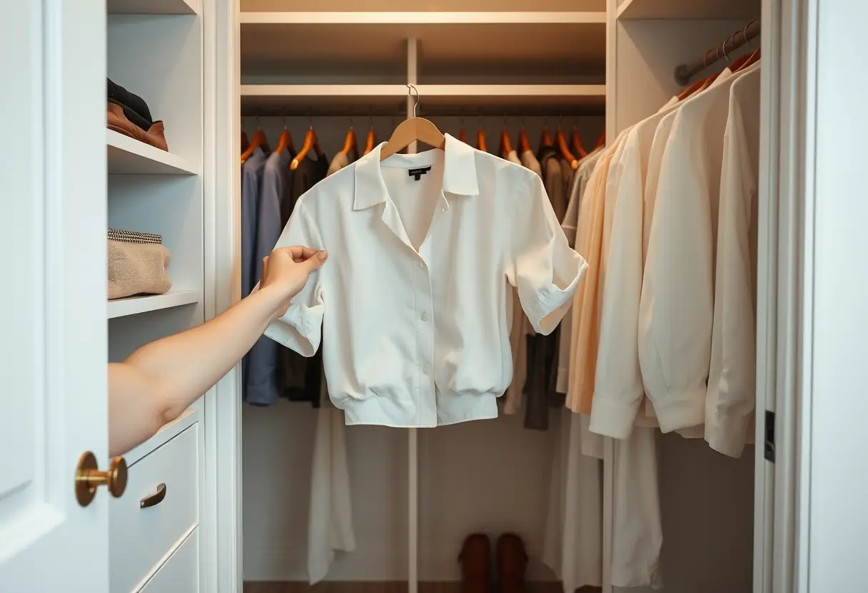 Mains soigneusement pliant une chemise en coton blanc dans une grande armoire à vêtements