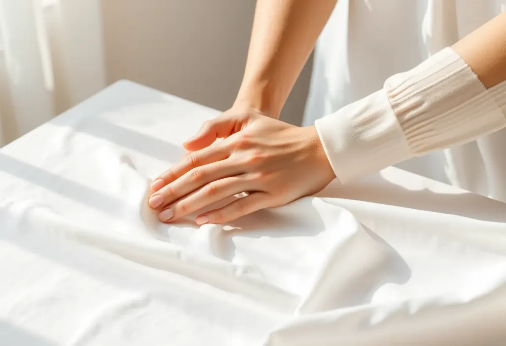 Une main féminine lisse doucement un morceau de tissu, symbolisant le confort et l'harmonie du soutien-gorge Uniqlo