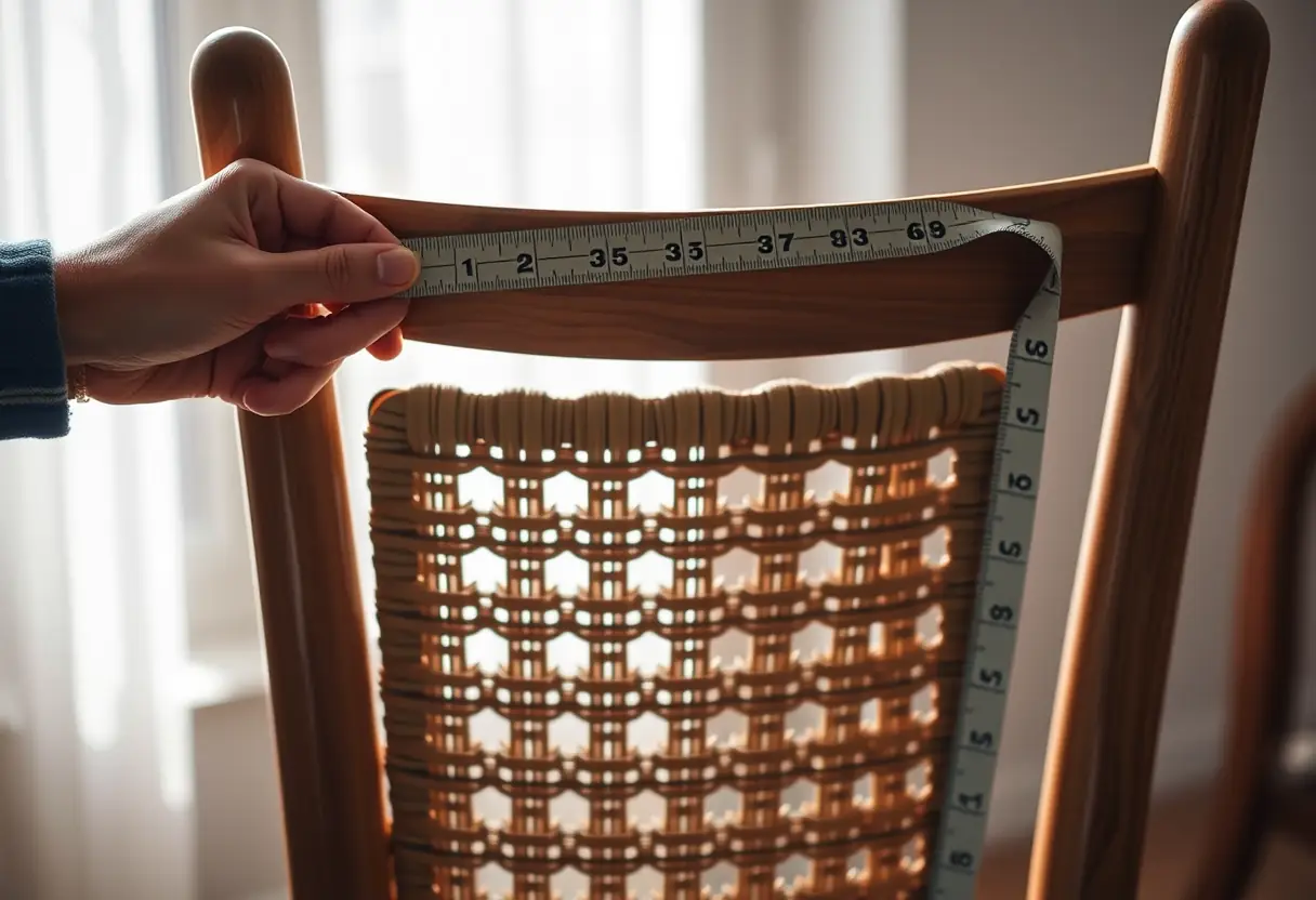 Des mains utilisent un mètre ruban pour mesurer autour d’un dossier de chaise en bois, soulignant l’importance d’une mesure précise pour le choix du bon soutien-gorge