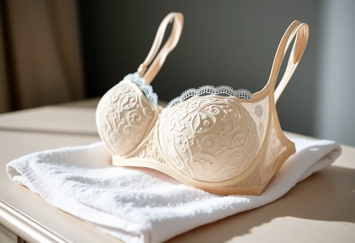 Coupe de soutien-gorge en dentelle posée sur un linge blanc