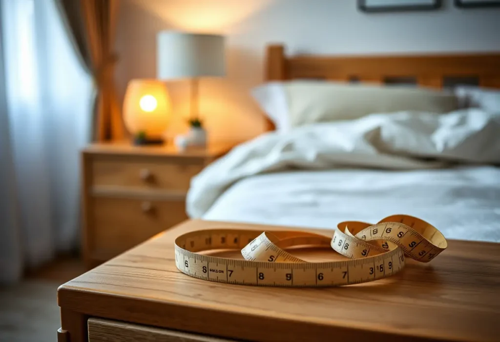 Dans une chambre accueillante, un mètre ruban en bois repose sur une table de nuit, outil de découverte et de confort personnel.