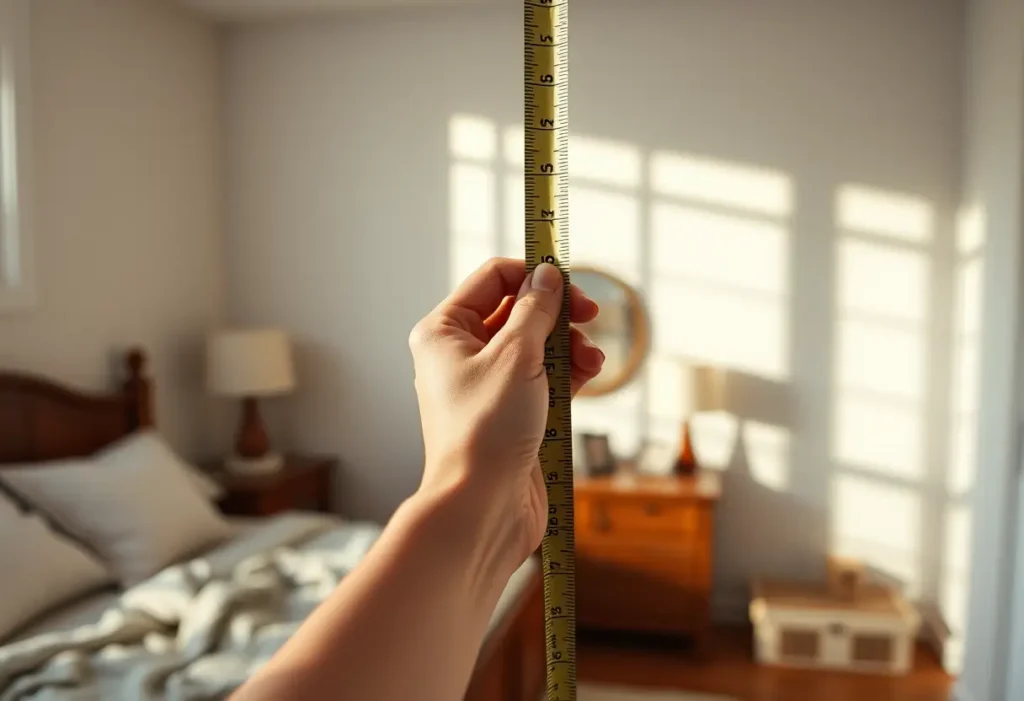 Main de femme tenant une règle à côté d'un mur dans une chambre accueillante, le sujet est le choix de la taille de soutien-gorge.