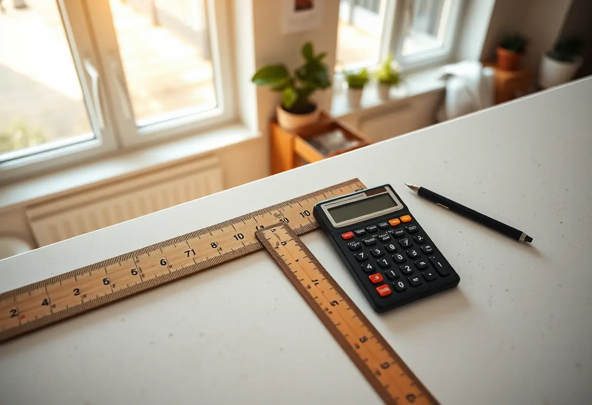 Vue d'ensemble d'un plan de travail de cuisine avec une règle et une calculatrice, la lumière du matin traverse les fenêtres, le sujet est le calcul de la taille de soutien-gorge.
