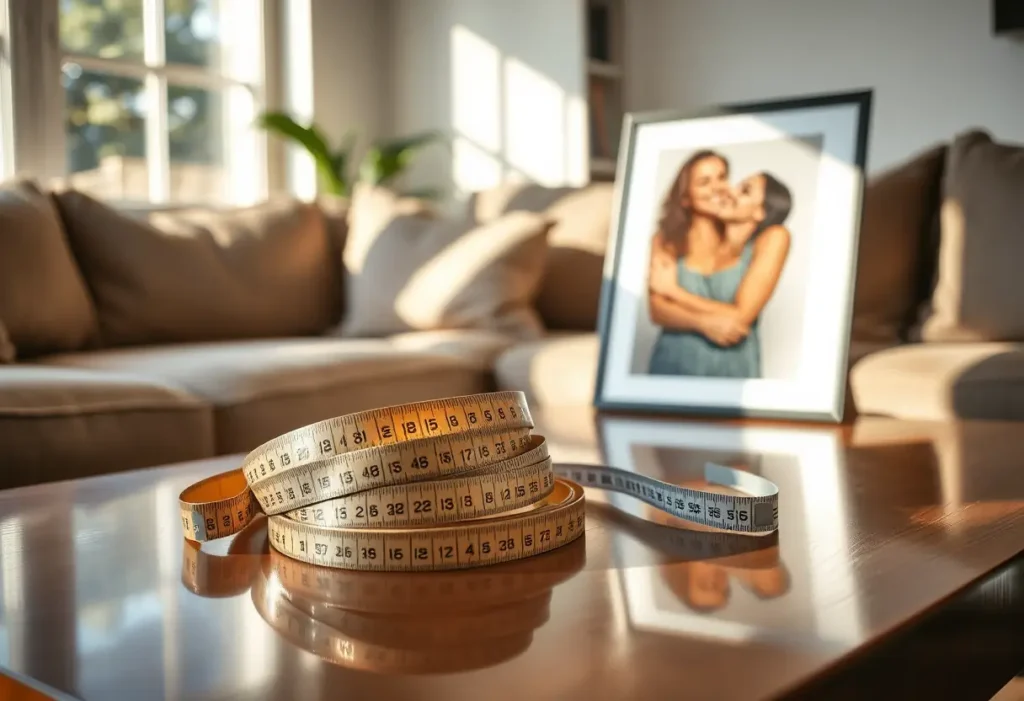 Dans un salon accueillant, des rubans à mesurer reposent sur une table basse, rappelant l'importance de trouver sa taille de soutien-gorge idéale.