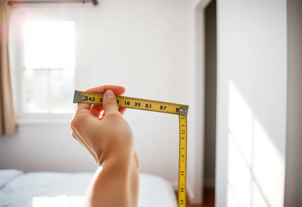 Une main mesure la taille d'un soutien-gorge dans une chambre éclairée naturellement.