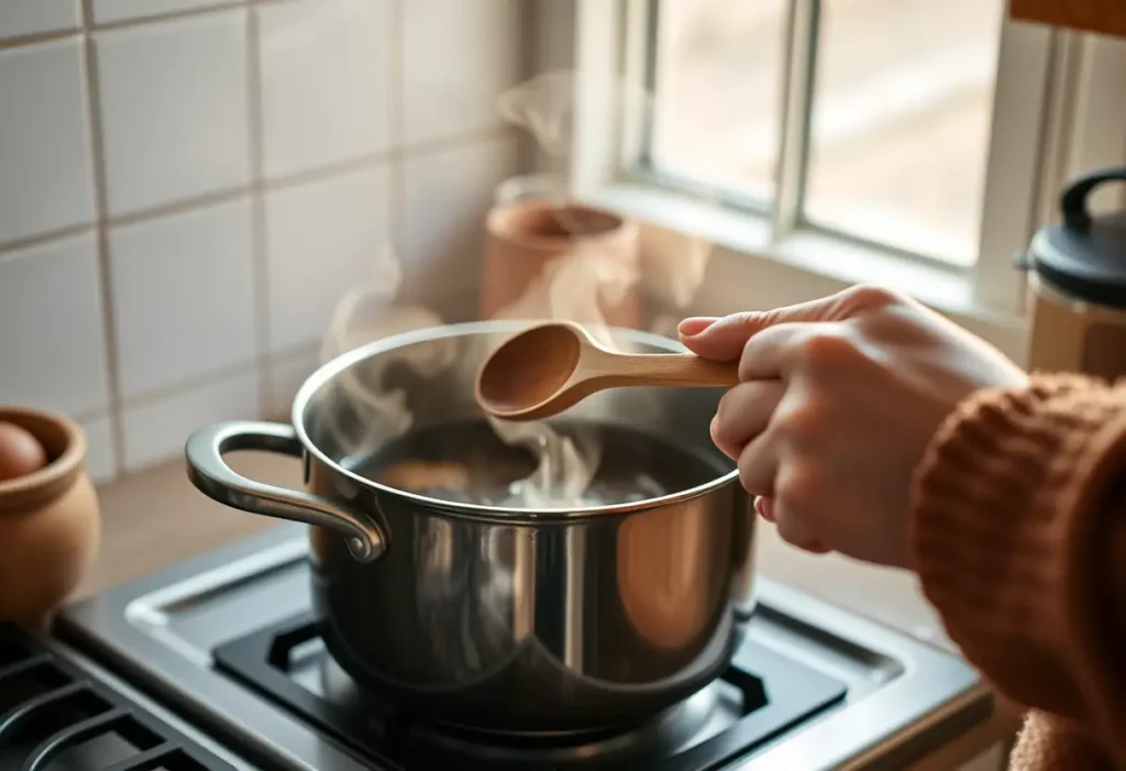 Une main féminine tient une cuillère en bois en train de mélanger du thé herbagé dans la cuisine, évoquant la sérénité domestique.