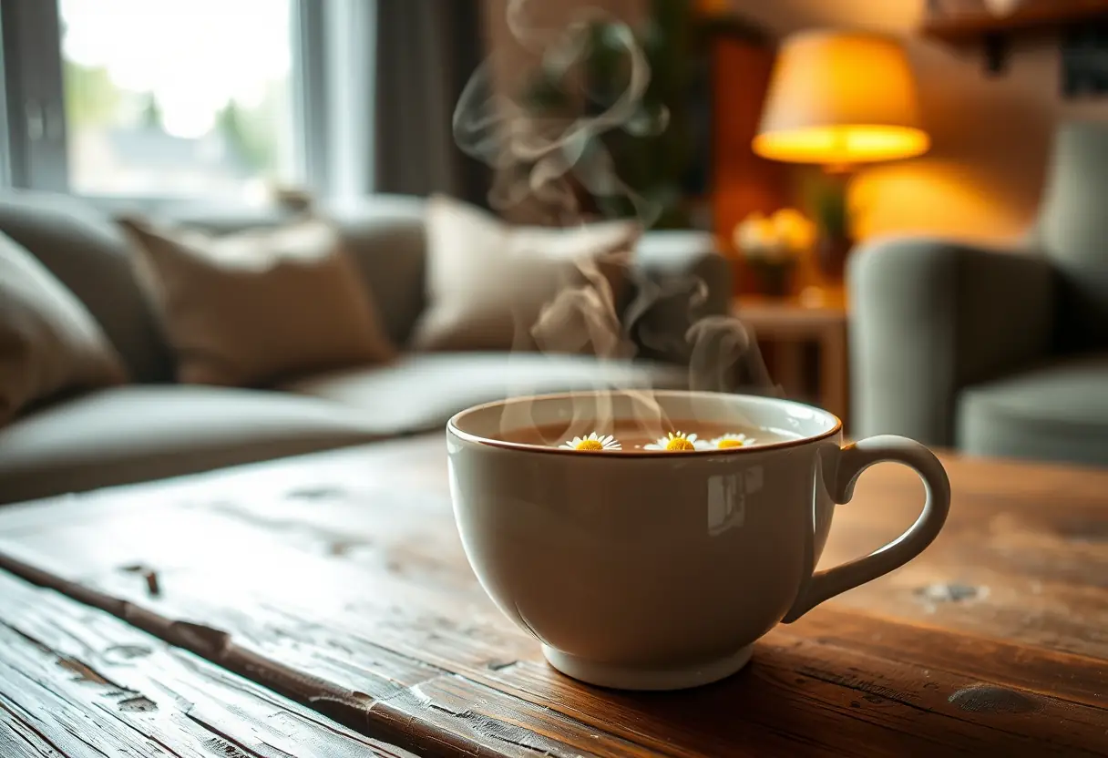 Un mug en porcelaine rempli de thé de camomille fumant posé sur une table en bois rustique dans un salon accueillant, évoquant la tranquillité.