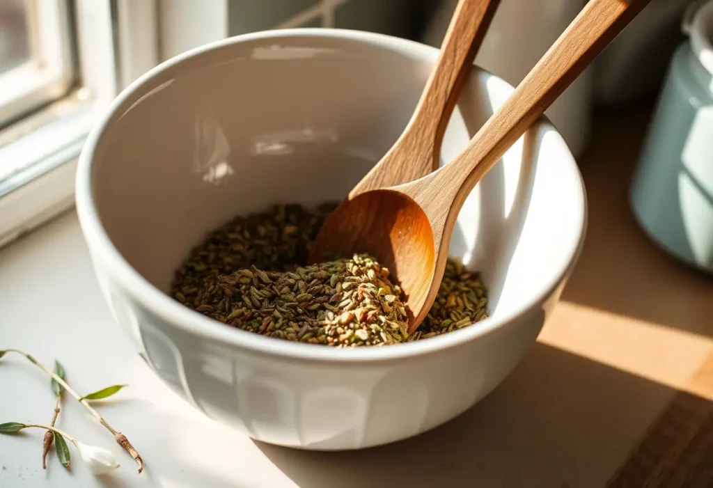 Un mélange d'herbes dans un bol, préparation soin périnéal.