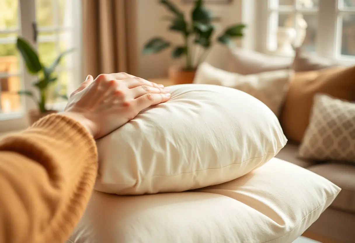 Une main féminine masse délicatement un oreiller ovale dans un salon accueillant