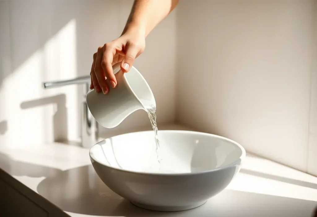 Une main verse de l'eau dans un bol, symbolisant l'importance de l'hygiène intime.