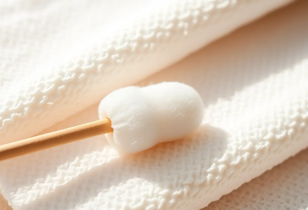 Un coton-tige posé sur un linge blanc, soulignant l'importance du choix des produits pour une hygiène intime saine.