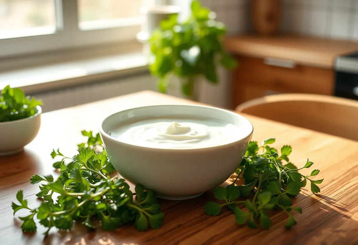 Un bol blanc rempli de yaourts nature sur une table de cuisine entourée d'herbes fraîches