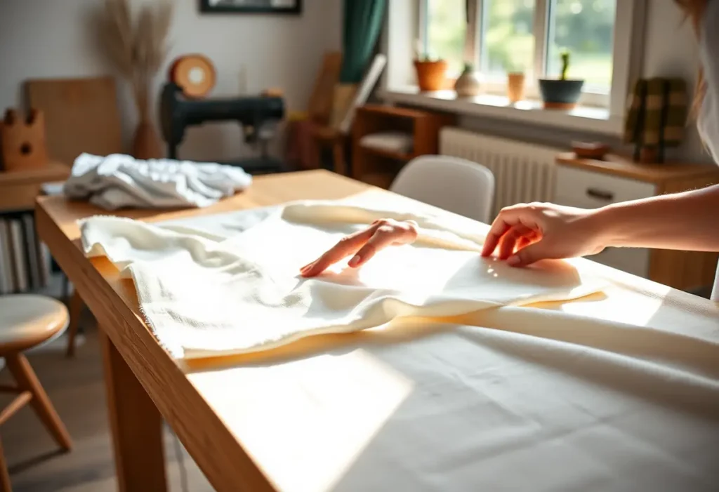 Une main apaisant un morceau de tissu en coton dans un atelier douillet, symbolisant l'acceptation de soi.