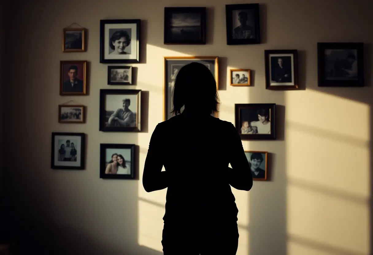 Un profil flou d'une personne devant un mur de souvenirs encadrés, symbolisant la croissance personnelle et l'acceptation de soi.