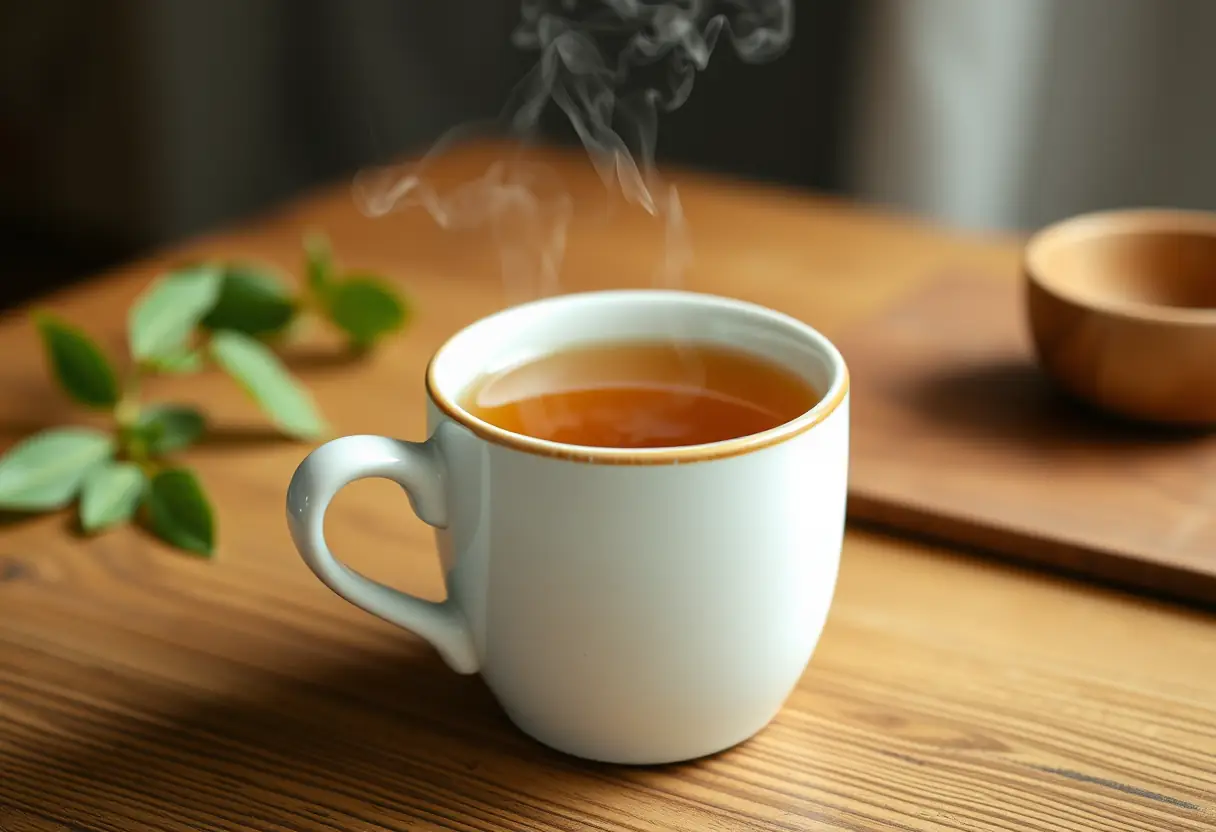 Un plateau en bois avec une tasse en céramique contenant du thé herbagère fumant légèrement