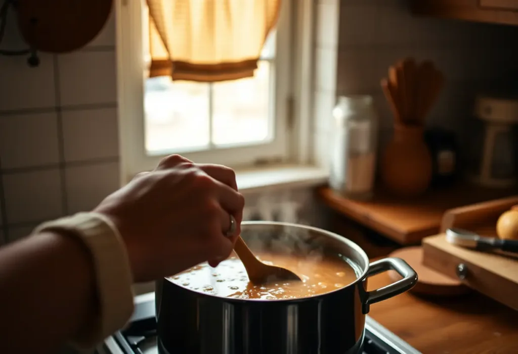 Une main féminine tient délicatement une cuillère en bois au-dessus d'une marmite dans une cuisine accueillante, évoquant la sérénité et l'acceptation de soi.