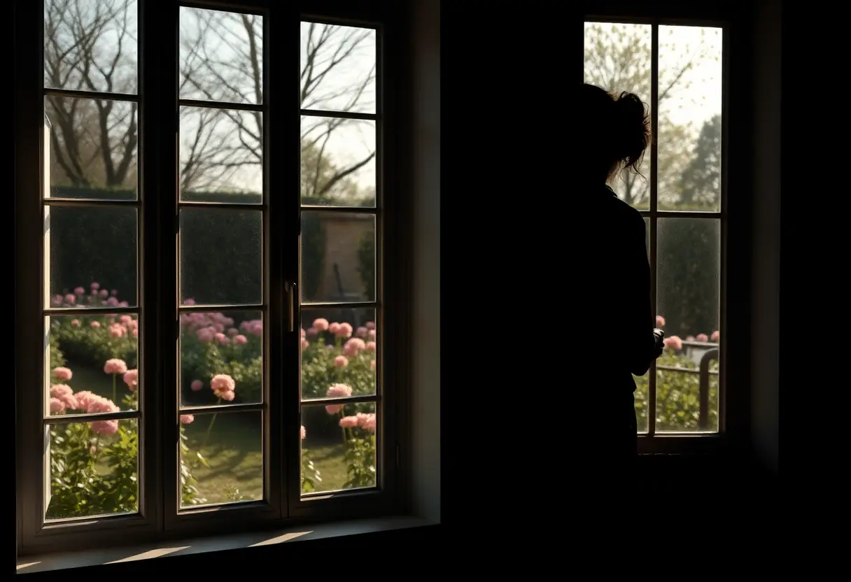 Un profil féminin se découpe contre une fenêtre donnant sur un jardin fleuri, symbolisant la beauté et la paix intérieure.