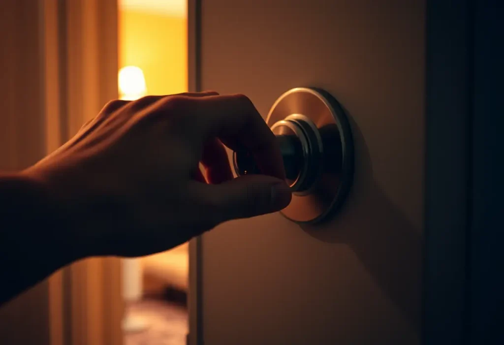 Une main doucement posée sur une poignée de porte, prête à ouvrir un nouveau point de vue, éclairée par la lumière chaude d’un intérieur.