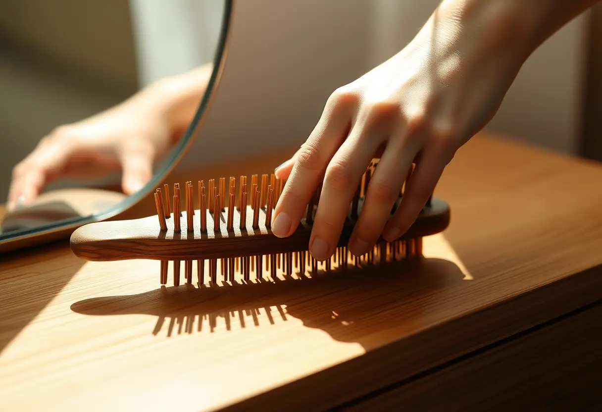 Main de femme posant délicatement un peigne en bois sur une coiffeuse, lumière du matin soulignant la douceur du bois