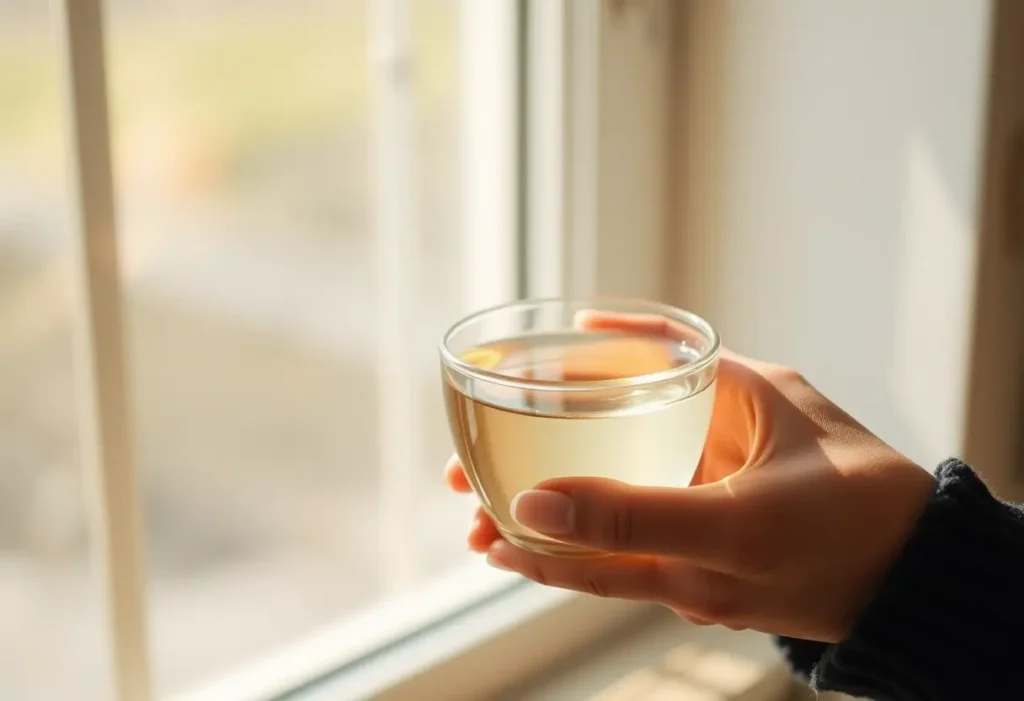 Main: Une main féminine tient délicatement un verre d'eau, symbolisant la douceur de la vie.