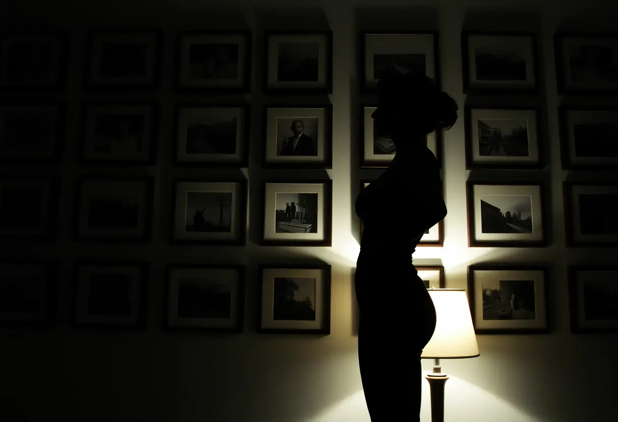 Main: Un profil féminin contre un mur de photos, représentant la force intérieure face aux défis de la vie.