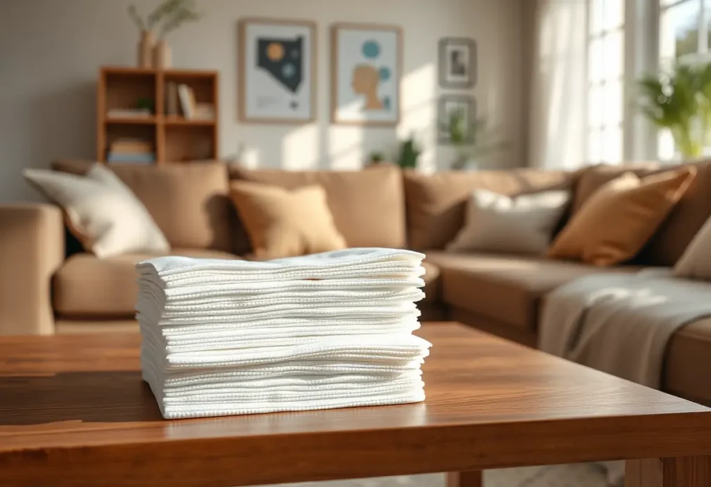 Un tas de serviettes absorbantes posées sur une table basse en bois.