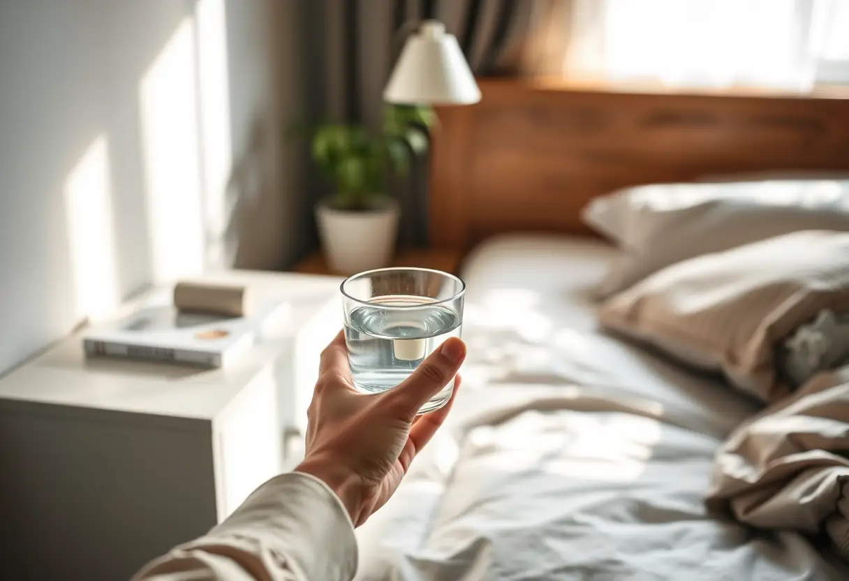 Une main tenant un verre d'eau près d'une commode dans une chambre
