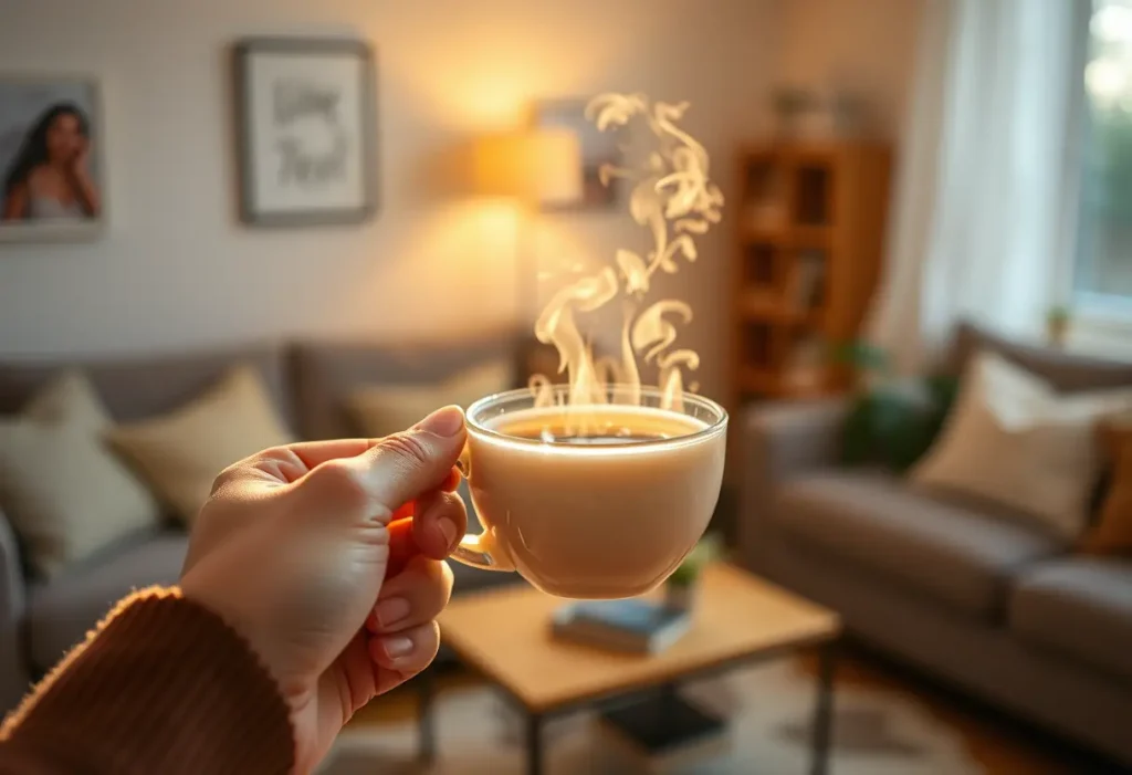 Une main tient une tasse de thé chaud, la lumière réchauffe la pièce, mettant en valeur l'atmosphère apaisante du soin personnel