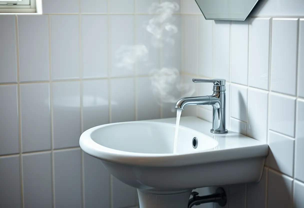 Une salle de bain avec un lavabo en porcelaine blanche, la vapeur s'échappe du robinet en marche, symbolisant le réconfort et la tranquillité lors des moments de désagrément