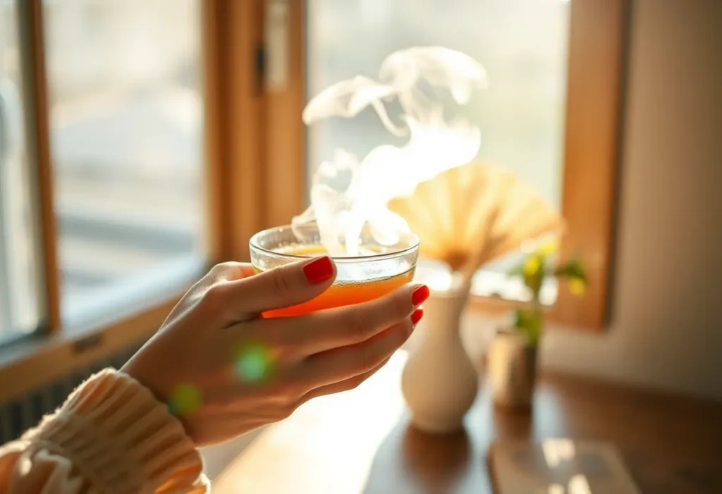 Une main tenant une tasse de thé chaud éclairée par la lumière du soleil, symbolisant la douceur et la sérénité.