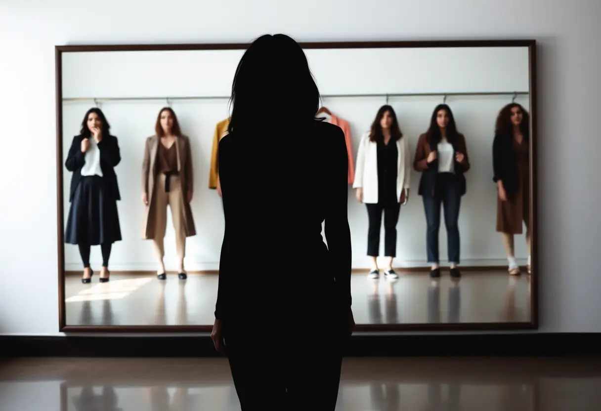 Une silhouette devant un grand miroir, reflétant divers vêtements essayés, illustrant la découverte et l'acceptation de soi.