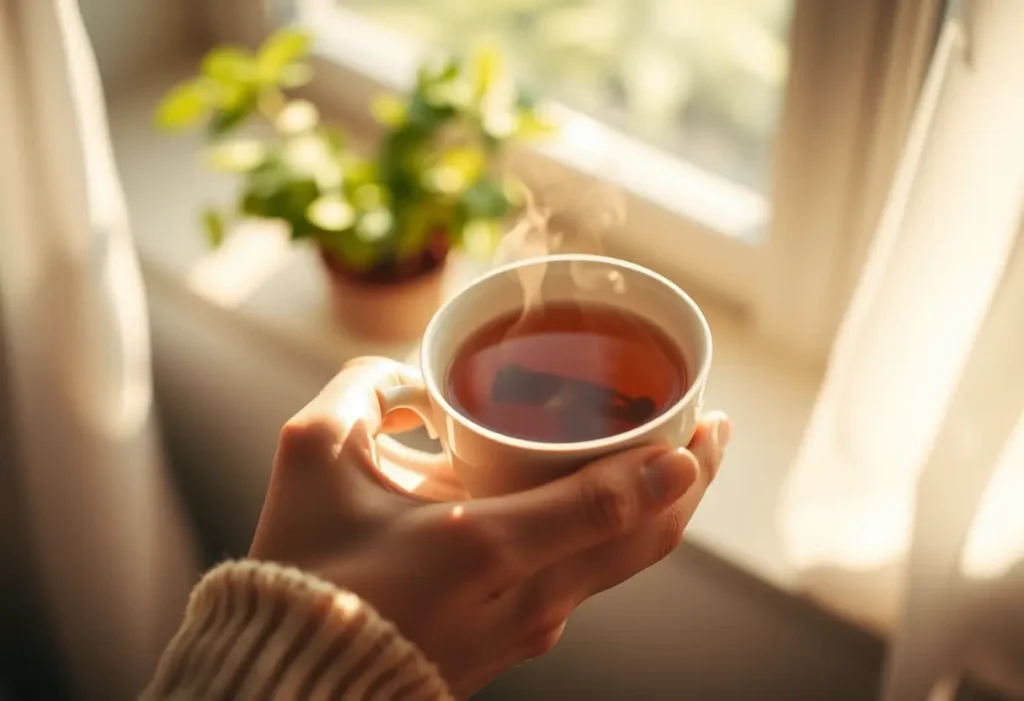 Une main tenant une tasse de thé chaud, symbolisant la bienveillance et l'acceptation de soi