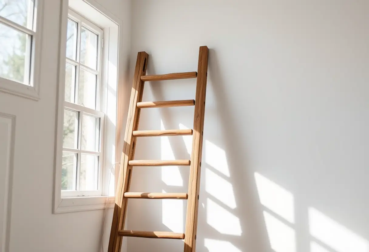 Escalier en bois dans une chambre, lumière naturelle