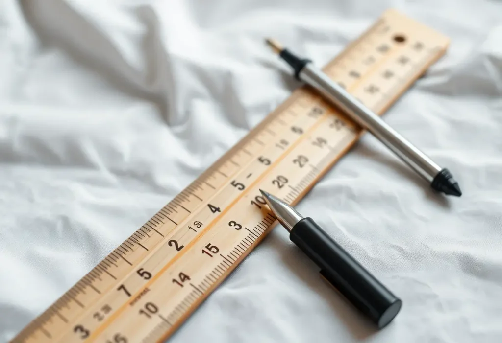 Un mètre en bois posé sur un tissu blanc, soulignant l'importance des mesures précises pour le choix du bon soutien-gorge.