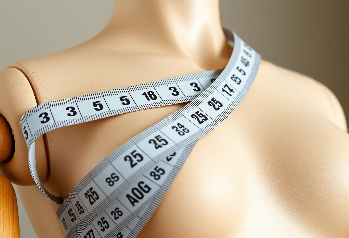 Un mètre ruban souple enveloppant un torse de mannequin en bois, illustrant les mesures de poitrine.