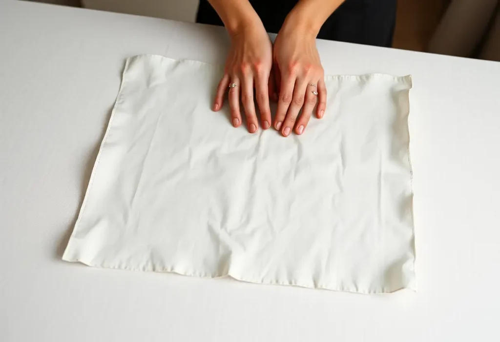 Mains qui aplatissent un morceau de tissu sur une table pour le couper avec soin
