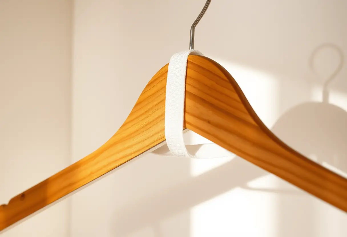 Un cintreuse en bois avec une sangle en tissu blanc dans un placard bien éclairé, évoquant le thème du soutien-gorge