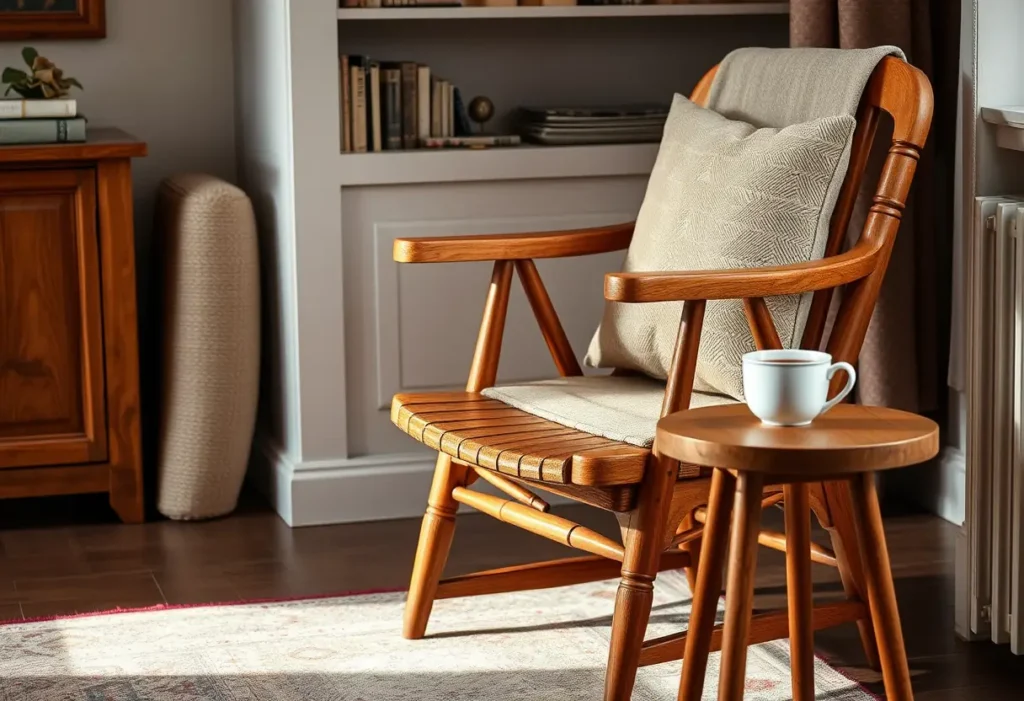 Un fauteuil confortable dans une pièce accueillante avec une tasse de thé
