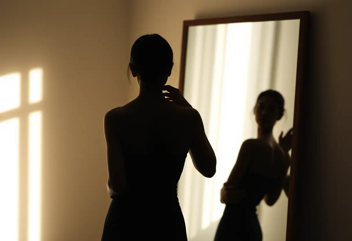 Un reflet féminin dans un miroir de pied observant sa posture dans une lumière douce