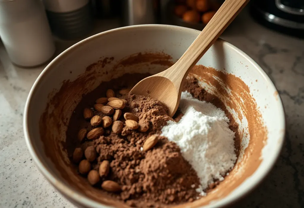 Une cuillère en bois mélange des amandes et du cacao dans un bol sur un plan de travail, éclairé par une lumière tamisée.