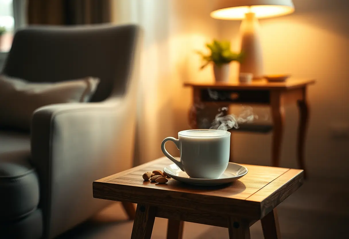 Une tasse de lait d'amande au chocolat fumant repose sur une petite table près d'un fauteuil confortable dans un salon accueillant, éclairé par la lumière chaude d'une lampe proche.
