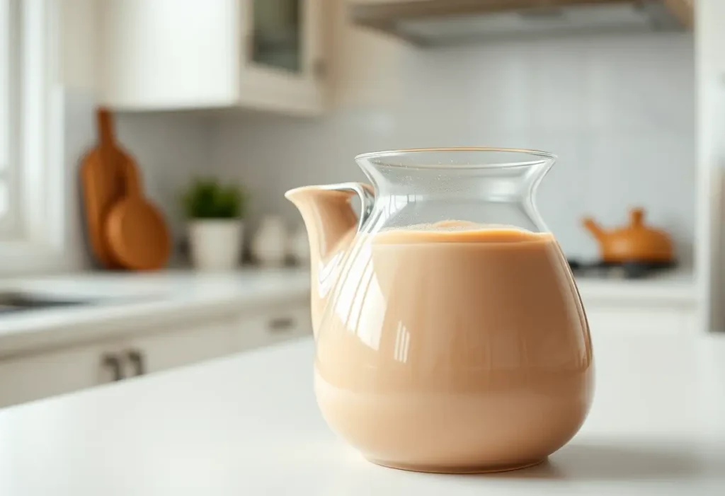 Un pot à thé en céramique rempli de lait au chocolat sur un comptoir blanc