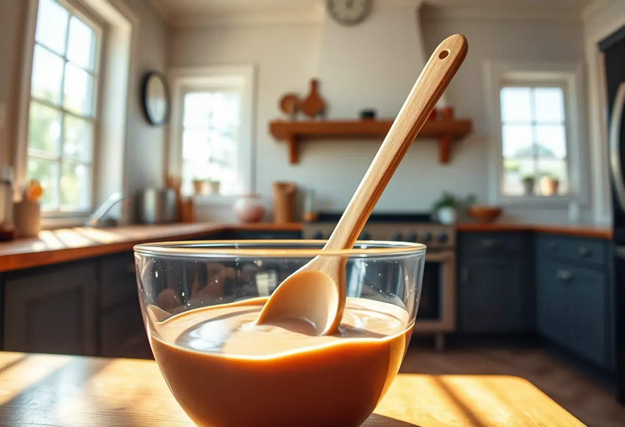 Une cuillère en bois qui remue un bol de lait au chocolat dans une cuisine ensoleillée