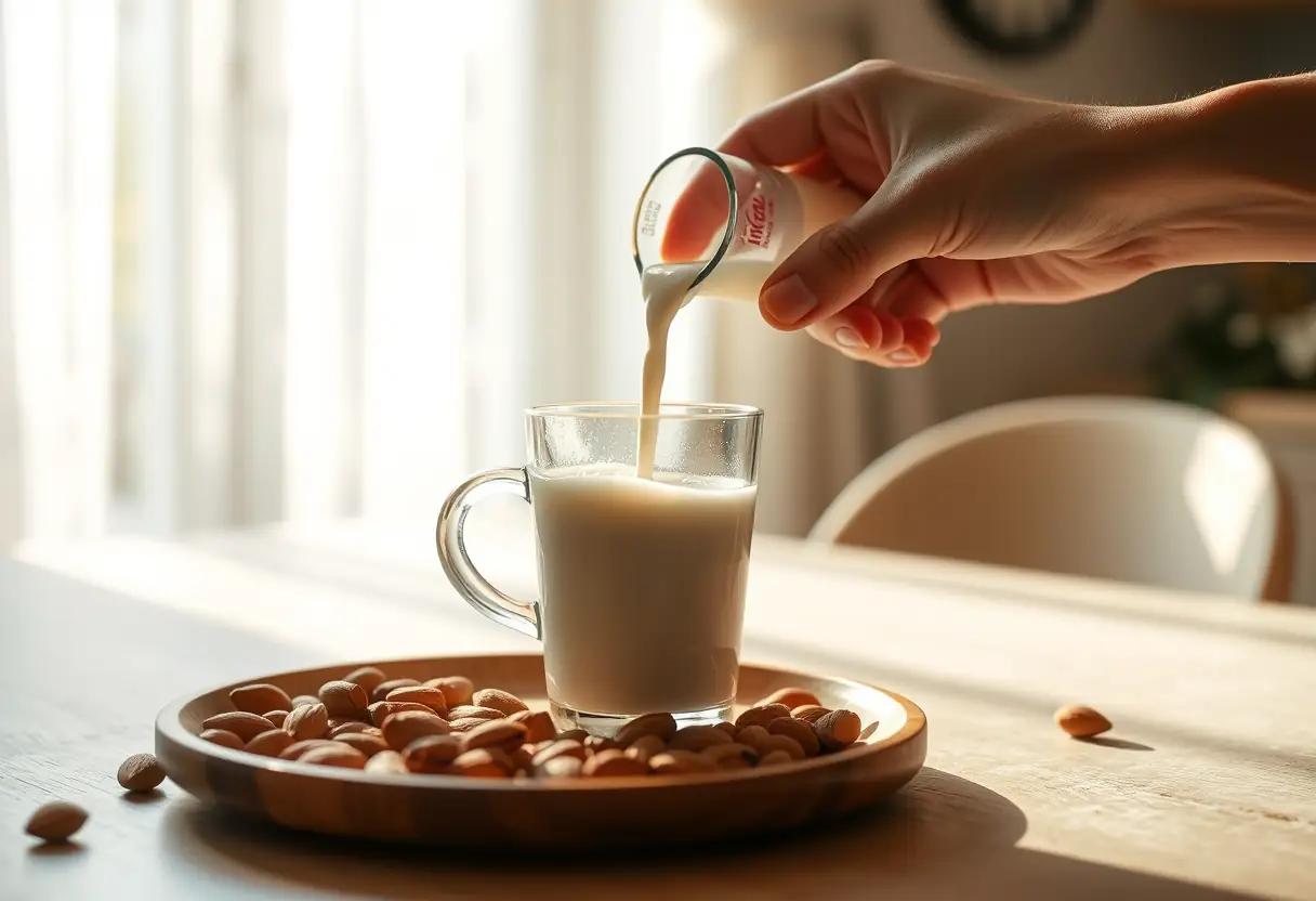 Une main verse du lait d'amande dans un verre posé sur une table, éclairé par la lumière naturelle