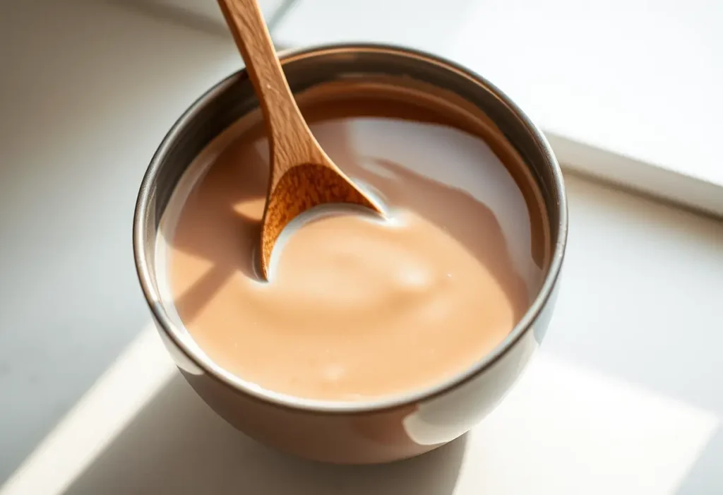 Une cuillère en bois mélange délicatement un bol de lait de soja au chocolat dans une cuisine, éclairée par la douce lumière du matin